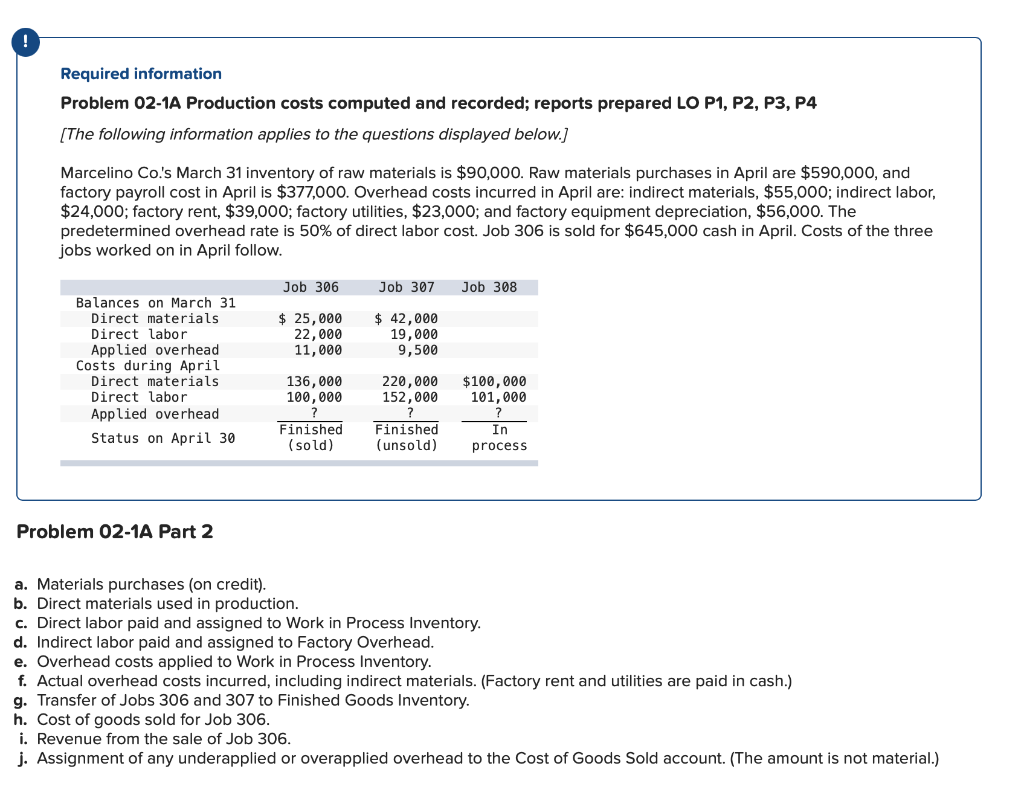 Required information Problem 02-1A Production costs computed and recorded; reports prepared