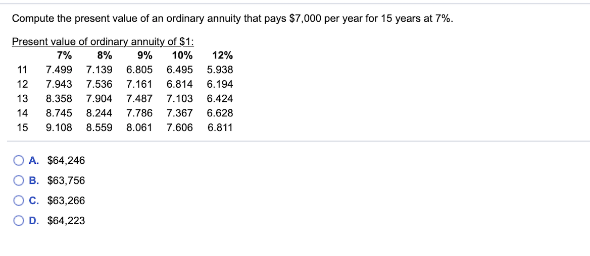 OD. $166,850 Compute the present value of $45,000, invested for six years