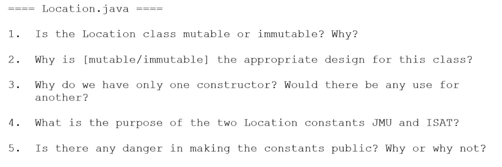  public class Location { public static final Location JMU = new