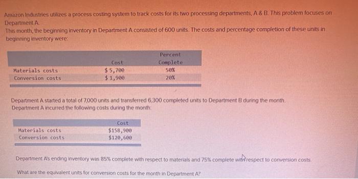  Amazon Industries utilizes a process costing system to track costs for