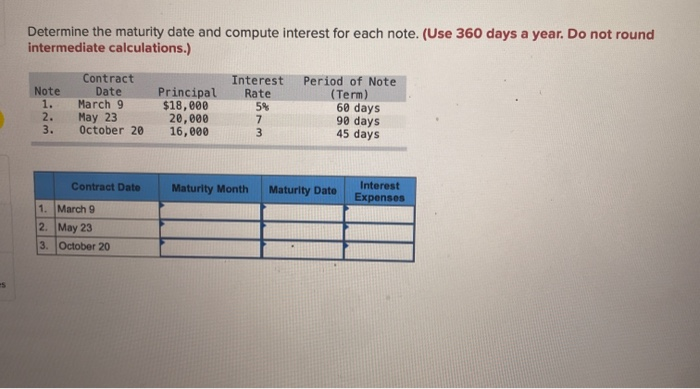  Determine the maturity date and compute interest for each note. (Use