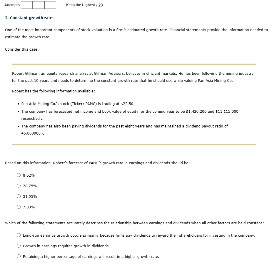  Attempts \table[[,,]] Keep the Highest /20 Constant growth rates One of