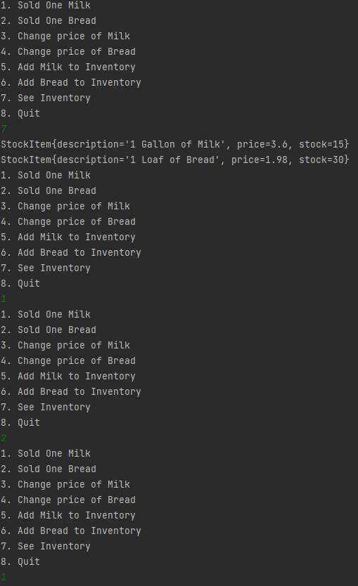 quantity; public StockItem(){ id++; } public StockItem(String description, double price, int quantity)