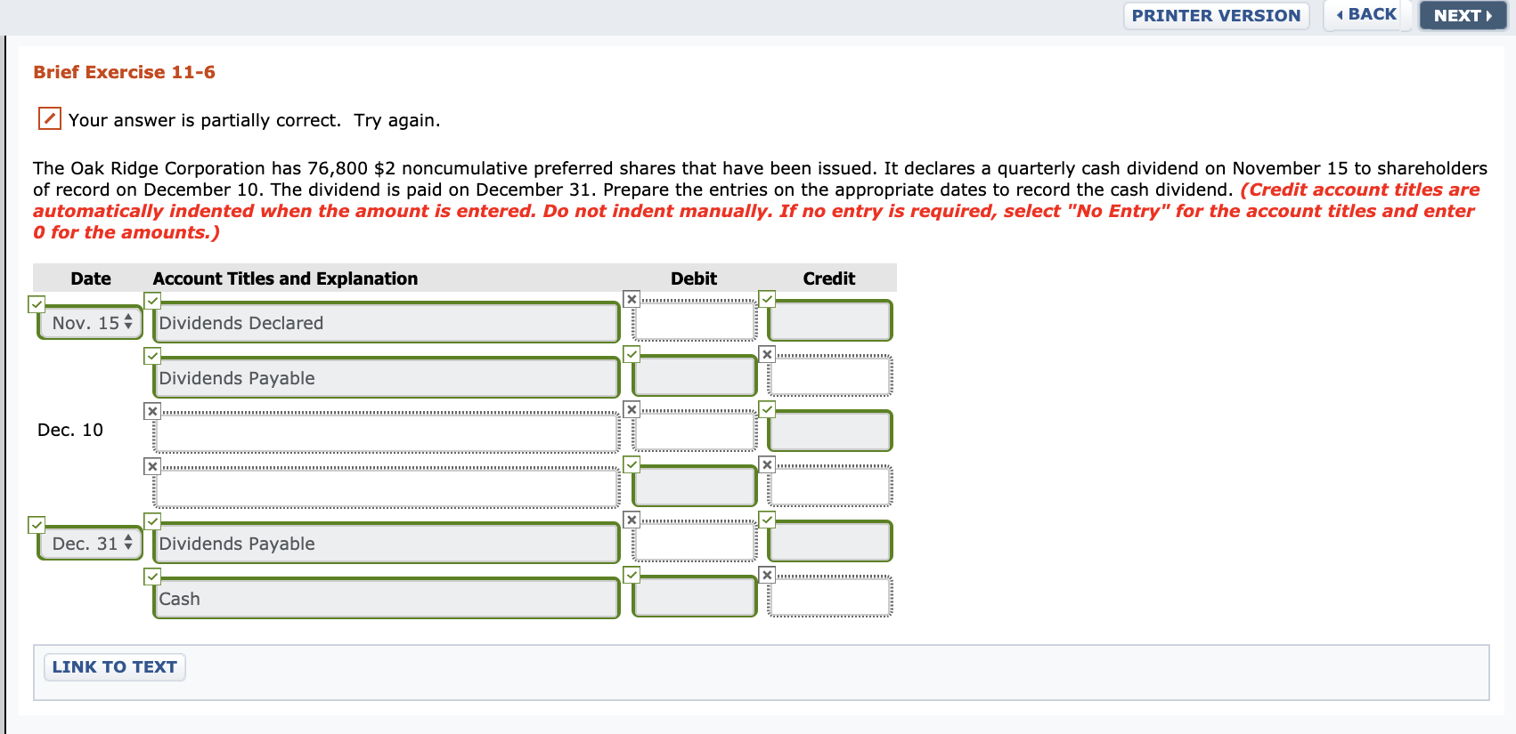  PRINTER VERSION BACK NEXT Brief Exercise 11-6 Your answer is partially