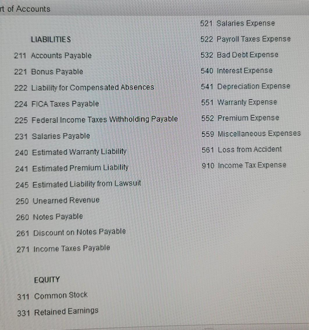 Premium Liability 400.00 12 Nov. 20 Estimated Warranty Liability 2,900.00 13 Cash