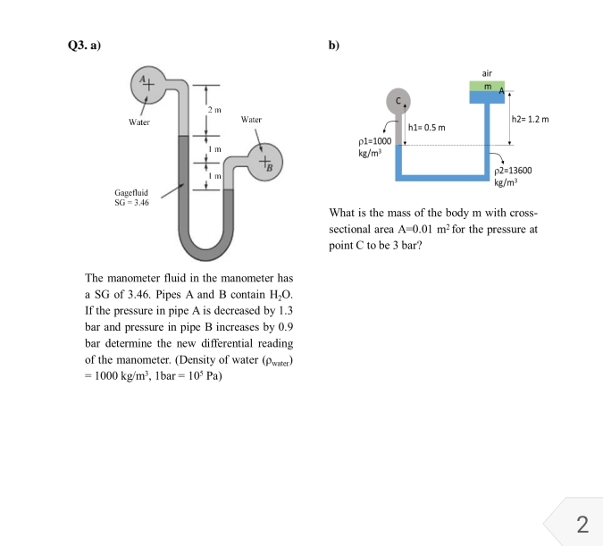  Q3. a) b) The manometer fluid in the manometer has a
