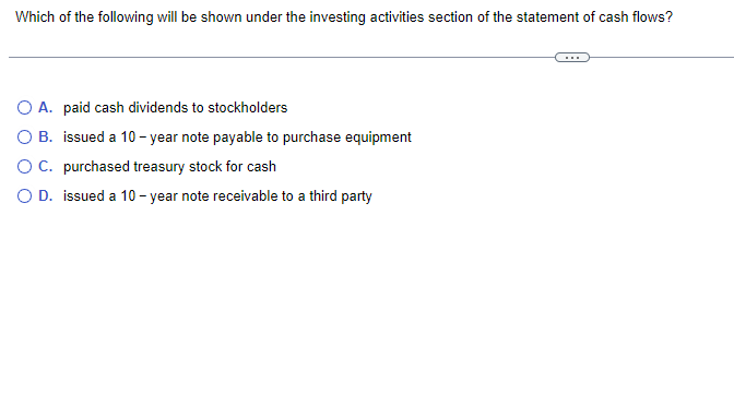 the statement of cash flows? A. paid cash dividends to stockholders B.