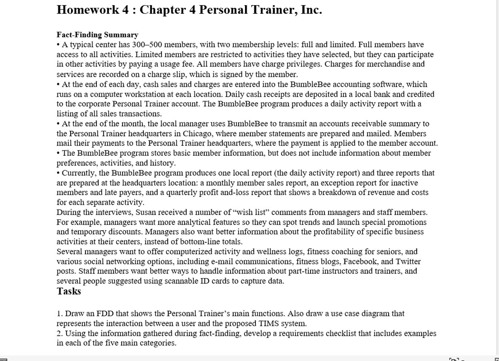  Homework 4 : Chapter 4 Personal Trainer, Inc. Fact-Finding Summary A
