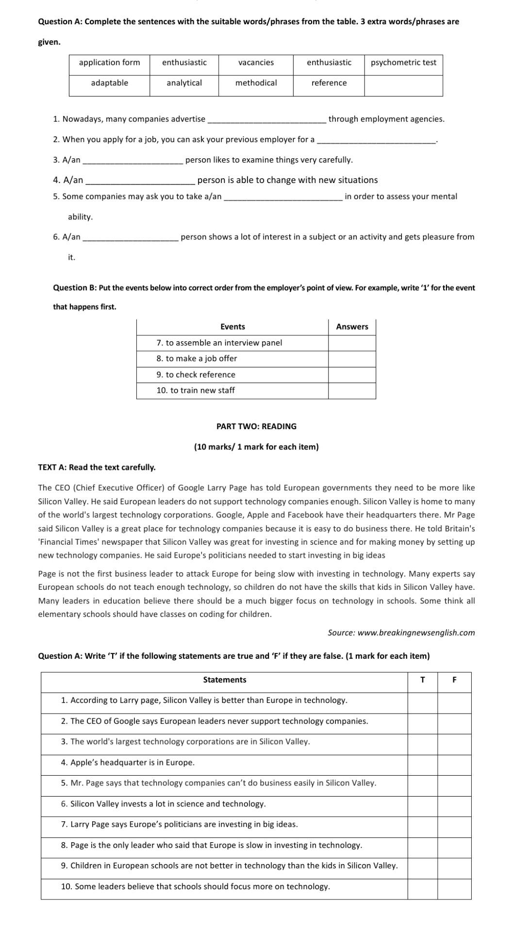  Question A: Complete the sentences with the suitable words/phrases from the