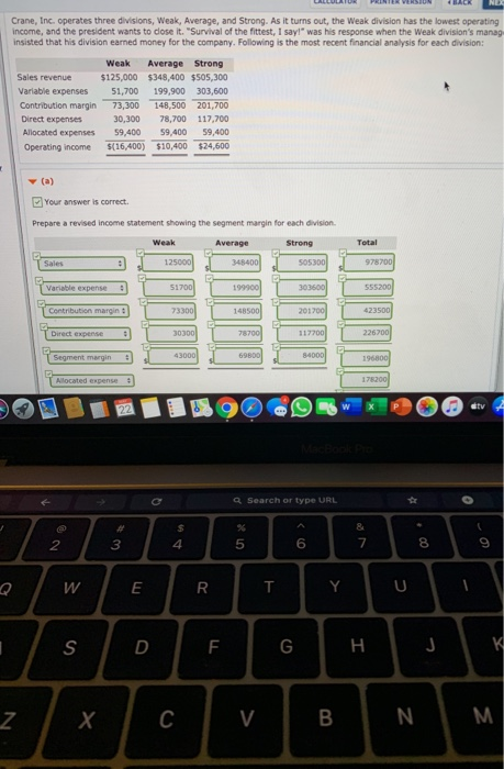  NA Crane, Inc. operates three divisions, Weak, Average, and Strong. As