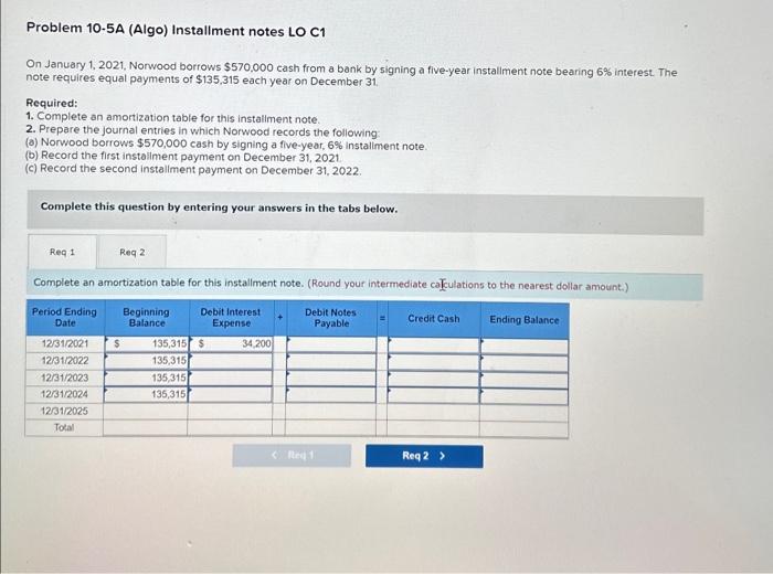  Problem 10-5A (Algo) Installment notes LO C1 On January 1, 2021,