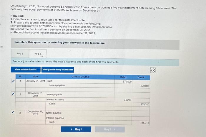 Norwood borrows $570,000 cash from a bank by signing a five-year installment