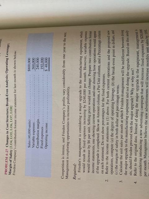  PROBLEM 4-27 Changes in Cost Structure; Break-Even Analysis: Operating Leverage: Margin