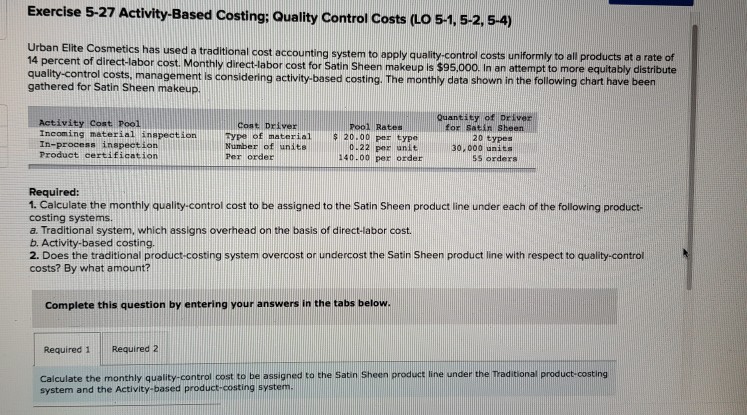  Exercise 5-27 Activity-Based Costing: Quality Control Costs (Lo 5-1, 5-2, 5-4)