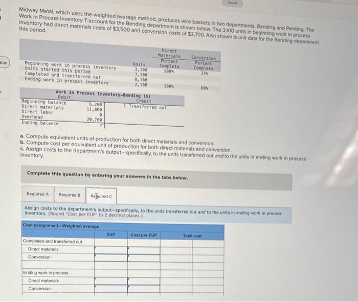 for the Bending department is shown below. The 3,100 units in beginning