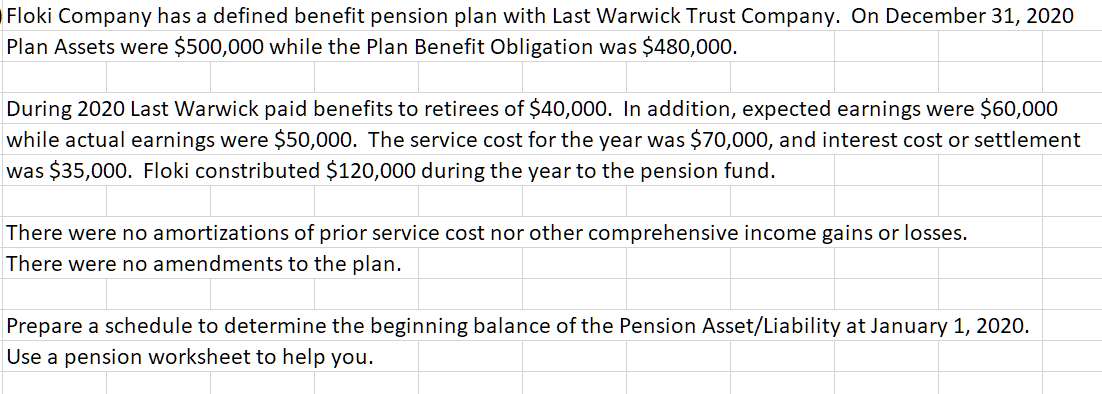  Floki Company has a defined benefit pension plan with Last Warwick