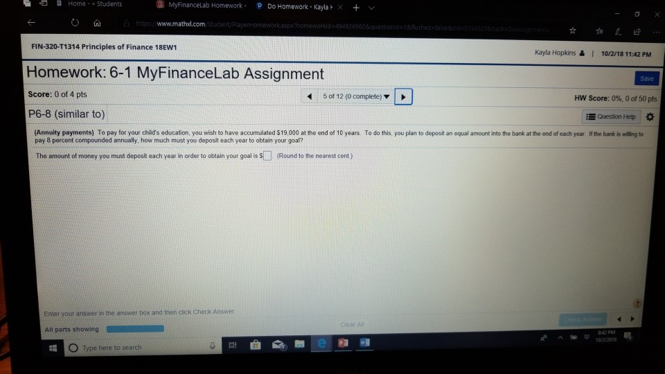 MyFinancelab - Homework P Do Homework - Kayla X + Home-x