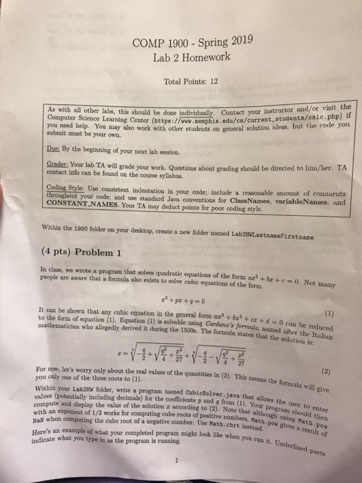  COMP 1900 - Spring 2019 Lab 2 Homework Total Points: 12