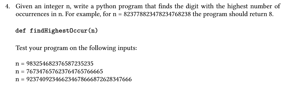  4. Given an integer n, write a python program that finds