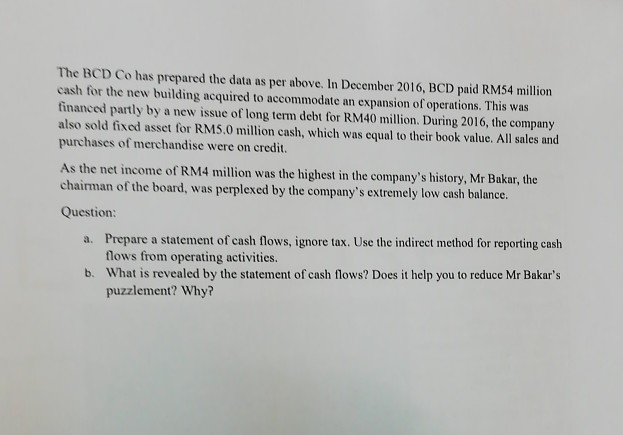 December 2016, BCD paid RM54 million cash for the new building acquired