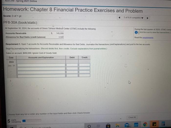  Acct 210 - Spring 2021 Online Homework: Chapter 8 Financial Practice