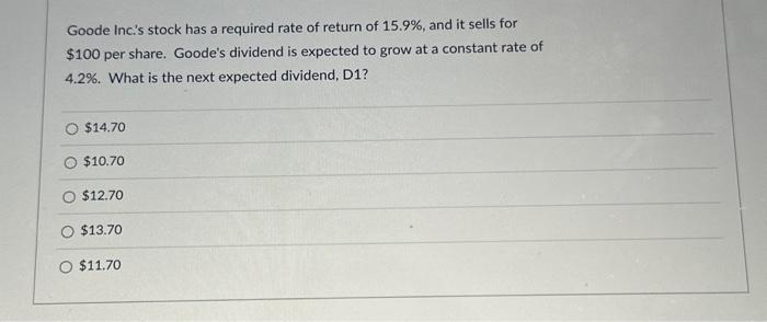 please answer quickly Goode Inc.'s stock has a required rate of return