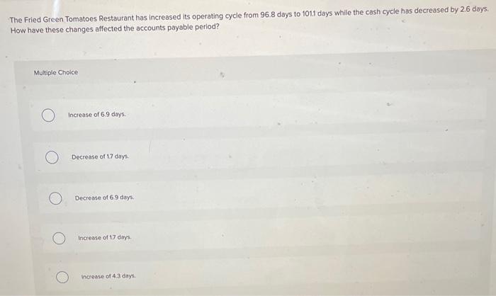  The Fried Green Tomatoes Restaurant has increased its operating cycle from