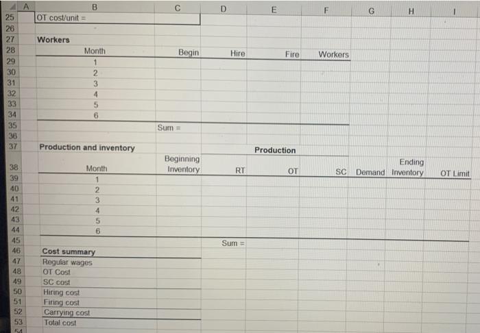 cost aggregate plan. (50 points) B D E F Cost data Wage/hour