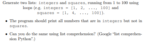 Python Generate two lists: integers and squares, running from 1 to 100