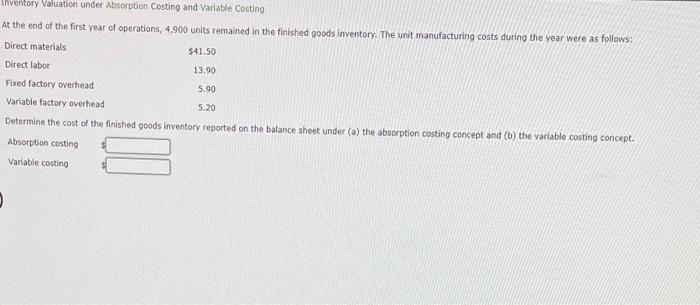  Inventory Valuation under Absorption Costing and Variable Costing At the end
