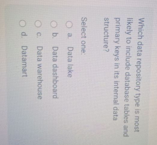  Which data repository type is most likely to include database tables