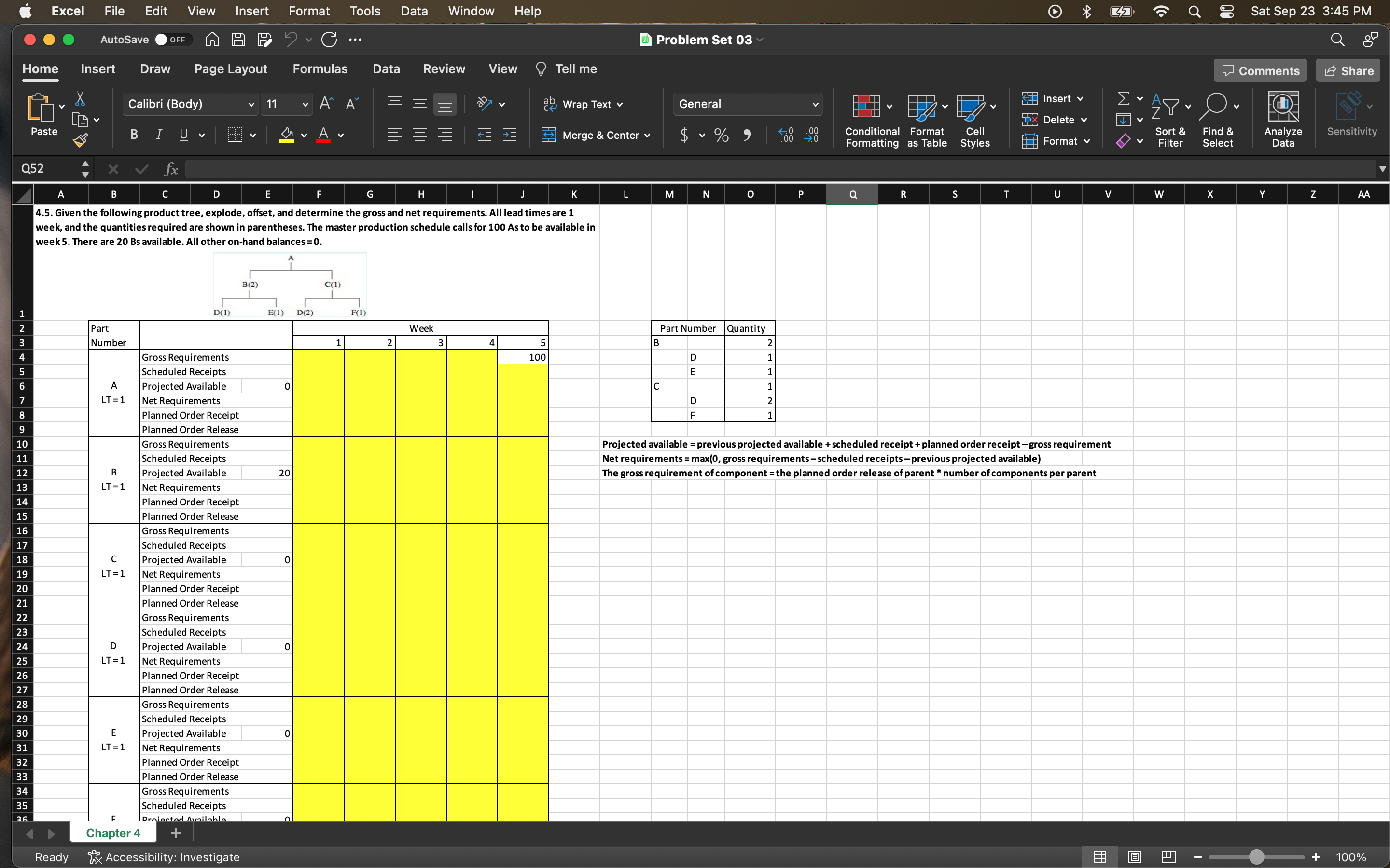  4.5. Given the following product tree, explode, offset, and determine the