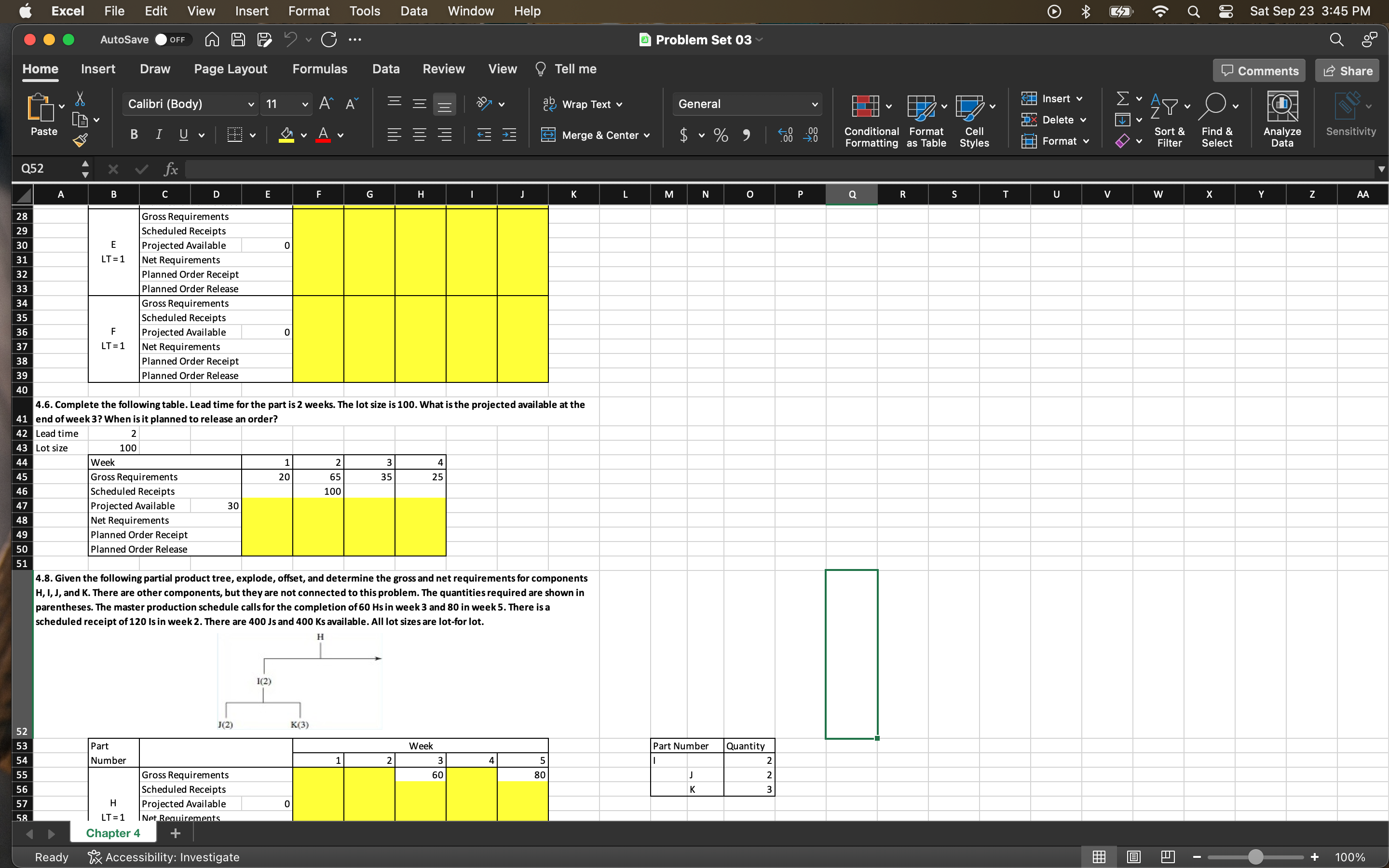gross and net requirements. All lead times are 1 week, and the