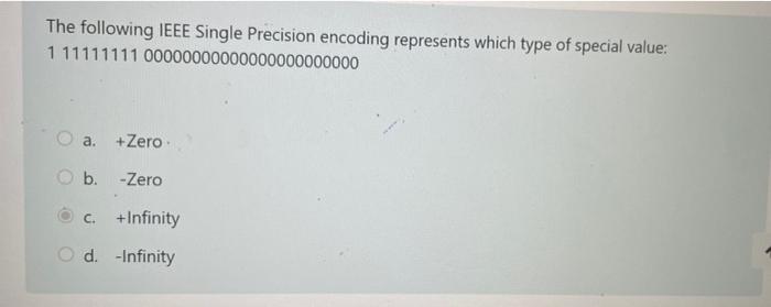  The following IEEE Single Precision encoding represents which type of special