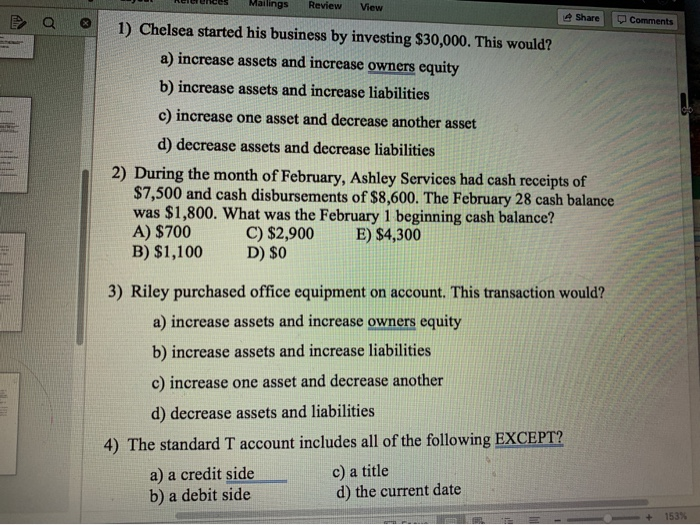 multiple Choice Mailings Review View Q Share Comments 1) Chelsea started his