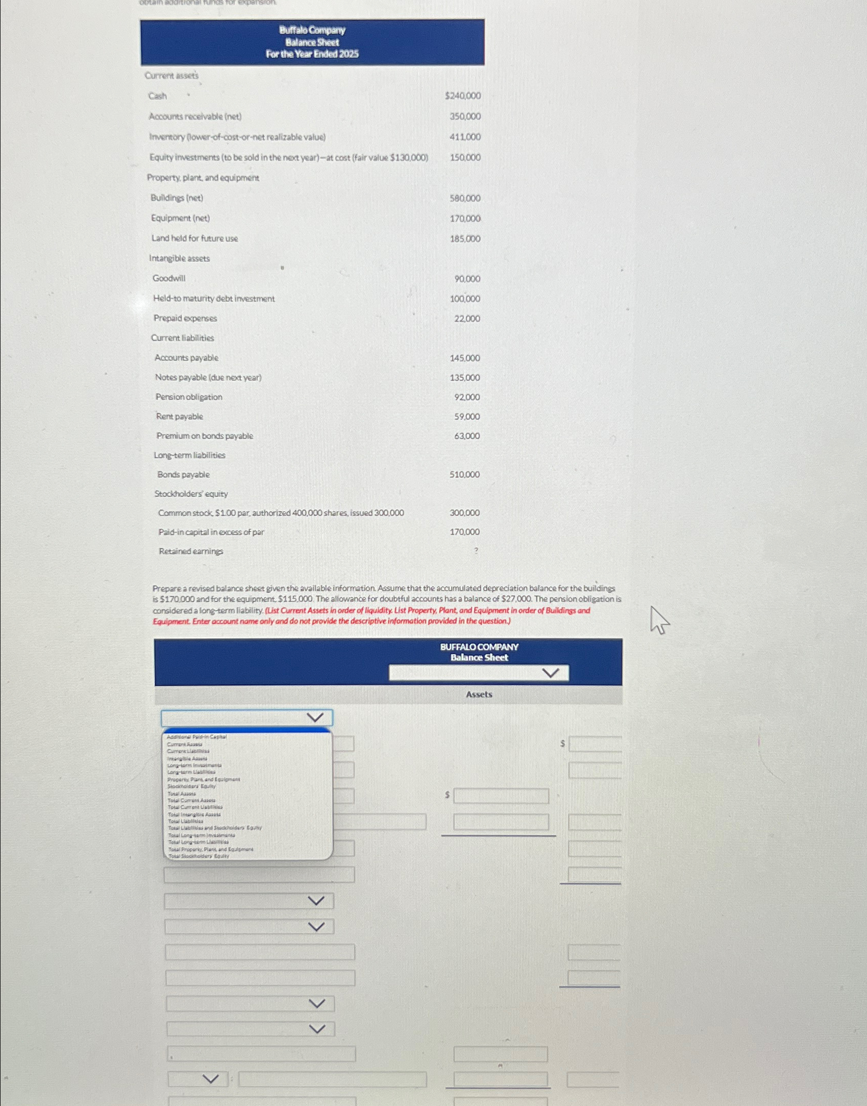  Prepare a revised balance sheet given the available information. Assume that