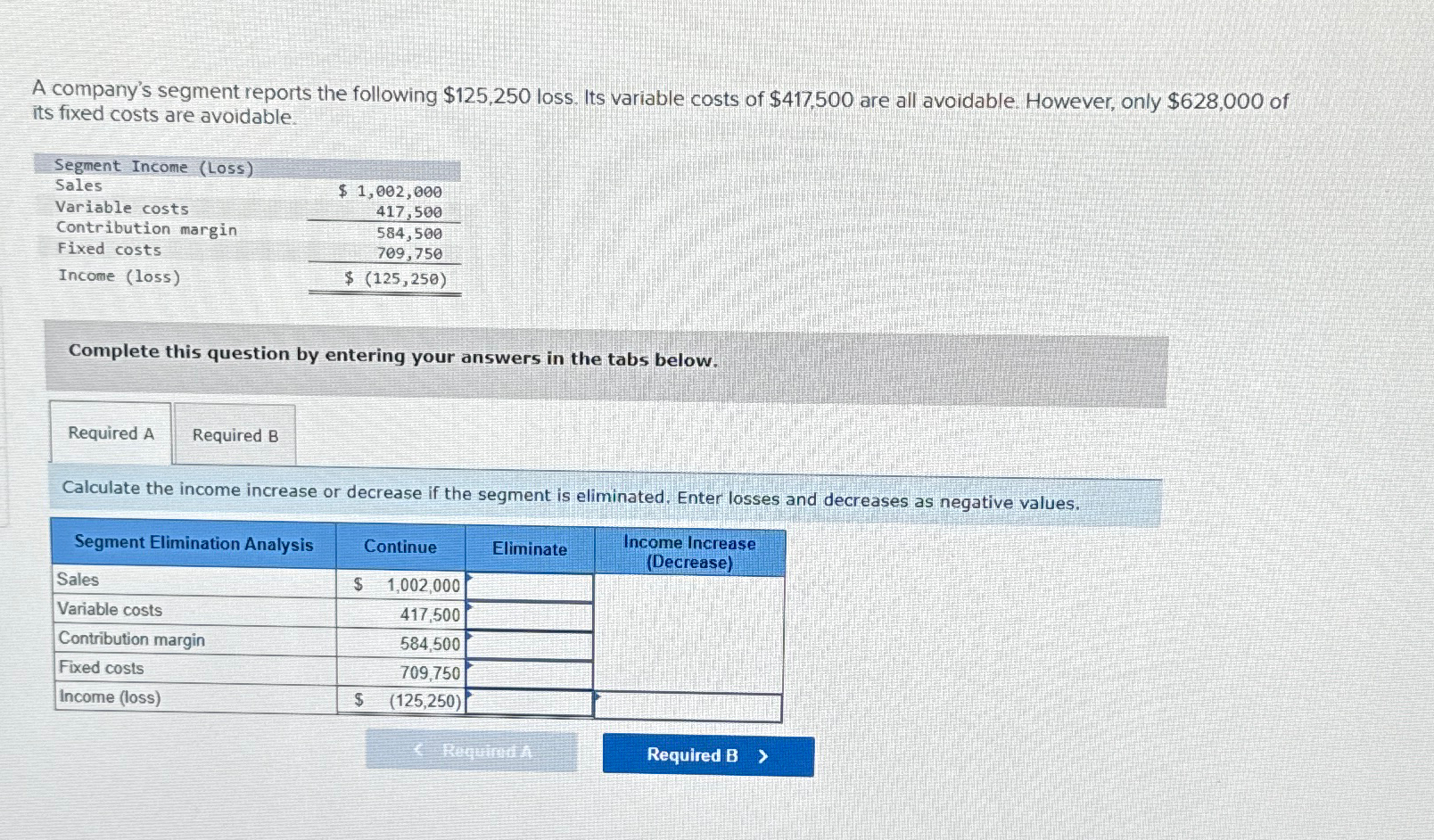  A company's segment reports the following $125,250 loss. Its variable costs
