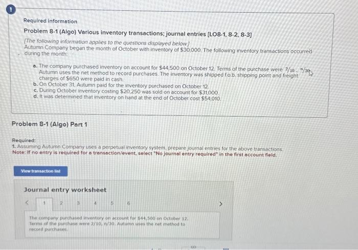 accounting Required information Problem 8.1 (Algo) Various inventory transactions; journal entries [LO8-1,