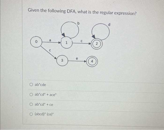 2 Given the following DFA, what is the regular expression? ab*cde abcd+ace