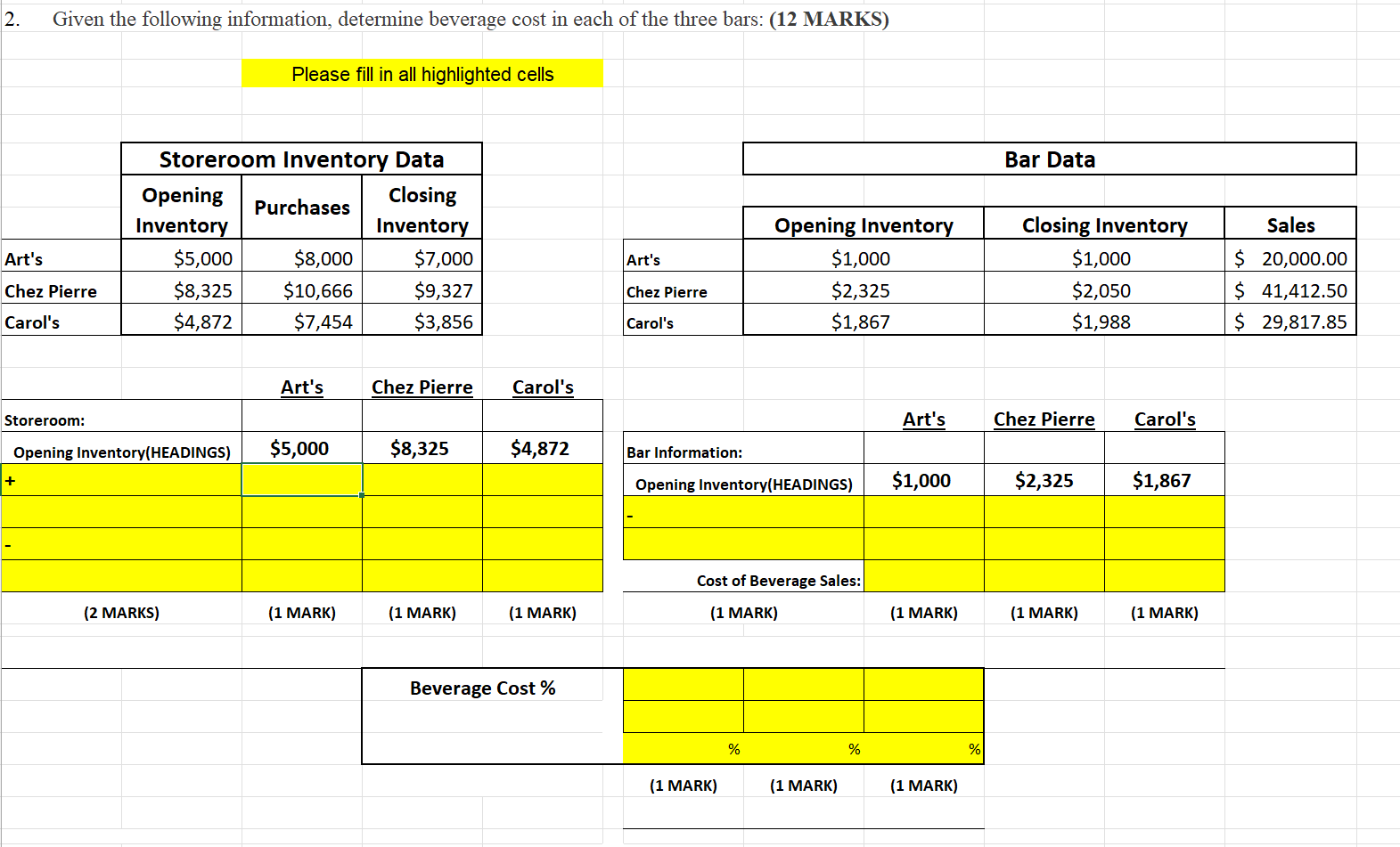 2. Given the following information, determine beverage cost in each of