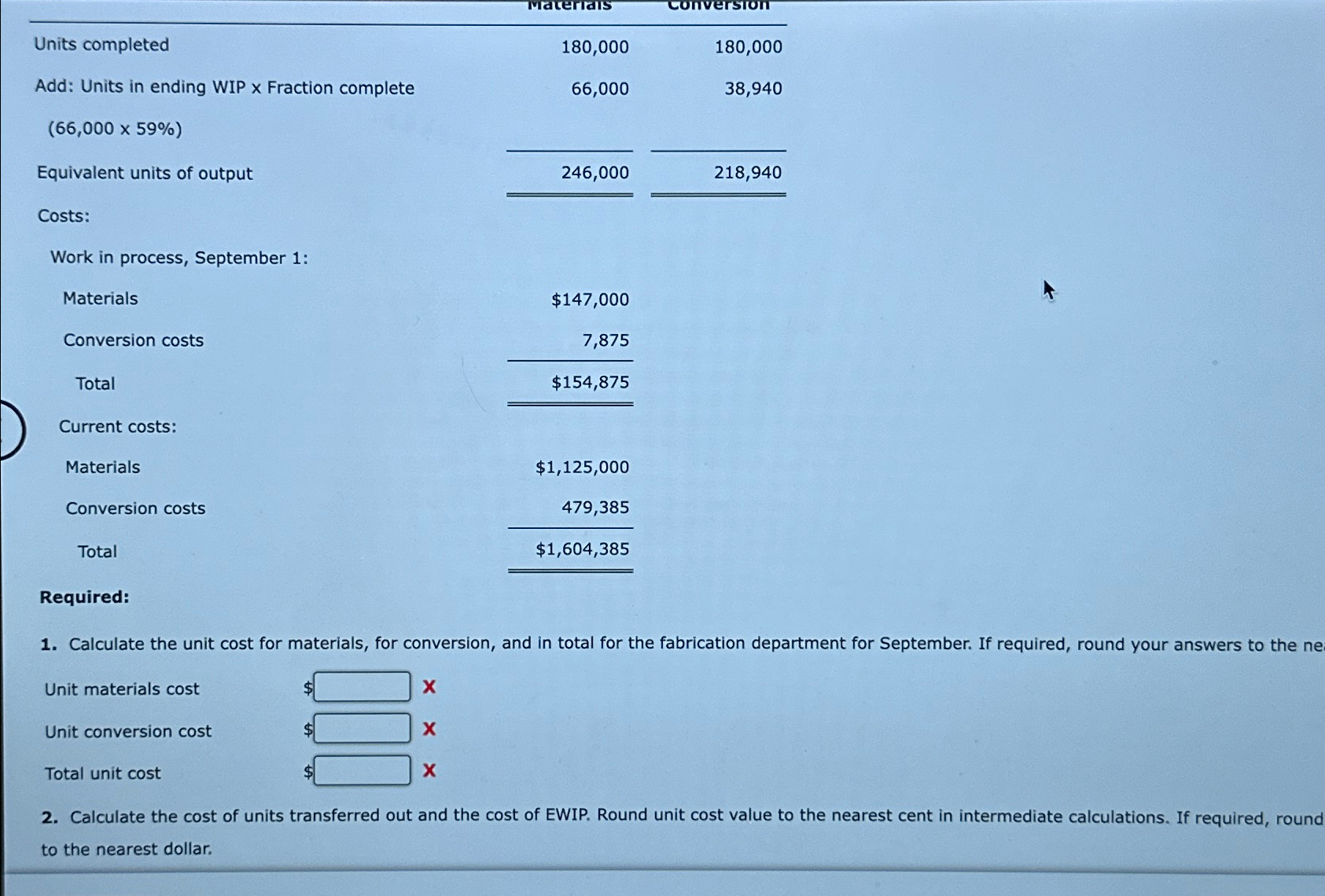  \table[[Units completed,180,000,180,000],[Add: Units in ending WIP x Fraction complete,66,000,38,940],[(66,00059%),,],[Equivalent units of