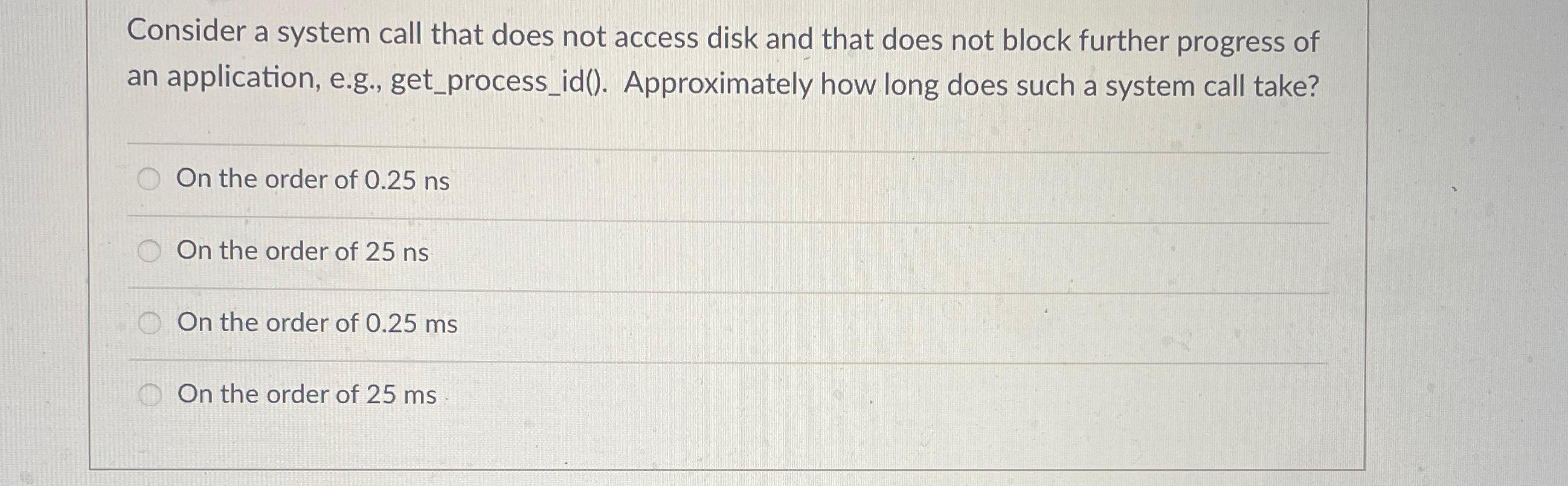  Consider a system call that does not access disk and that