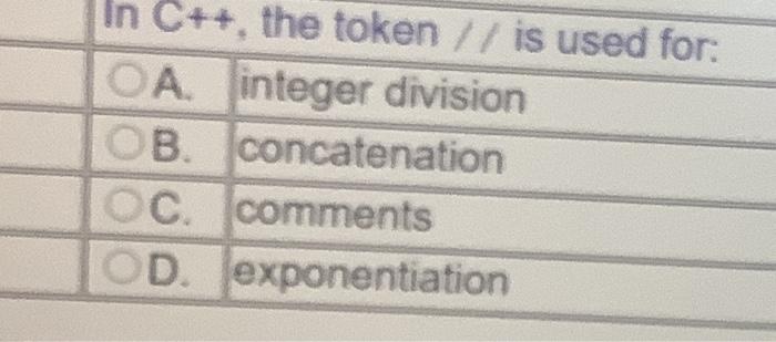 In C++, the token // is used for: OA integer division