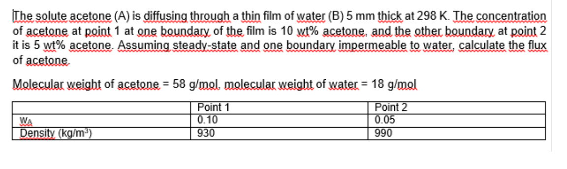  The solute acetone (A) is diffusing through a thin film of