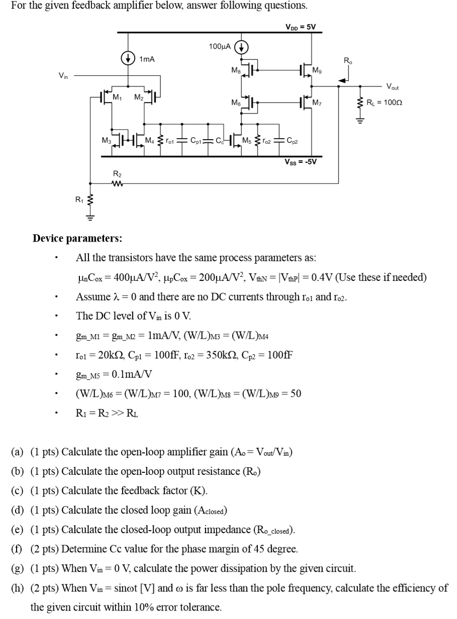 For the given feedback amplifier below, answer following questions. Vpp =