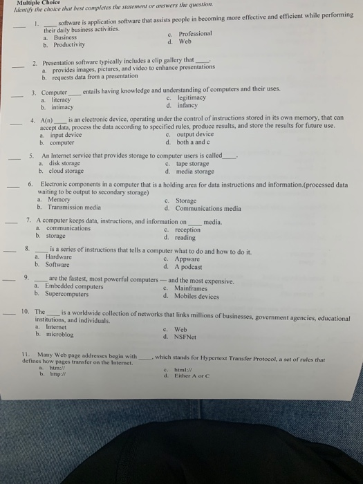  Please answer all questions Multiple Choice ldentify the choice that best