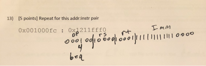  13) [5 points) Repeat for this addr:instr pair 0x001000fc : 0x8211fff9rt..
