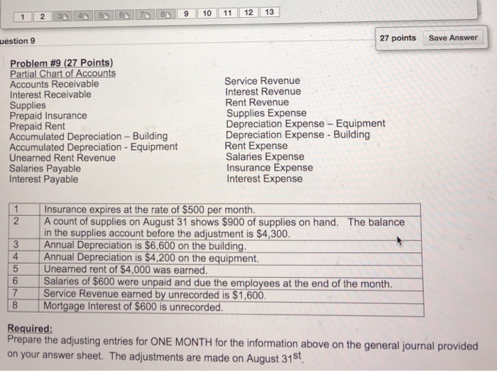  9 10 11 12 13 uestion 9 27 points Save Answer