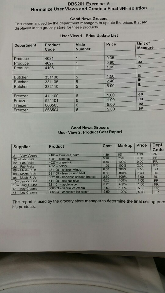  DBS201 Exercise 5 Normalize User Views and Create a Final 3NF