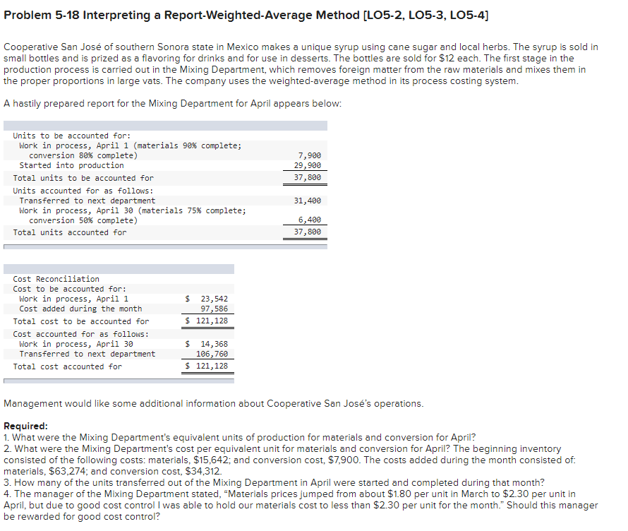 Problem 5-18 Interpreting a Report-Weighted-Average Method [LO5-2, L05-3, LO5-4) Cooperative San